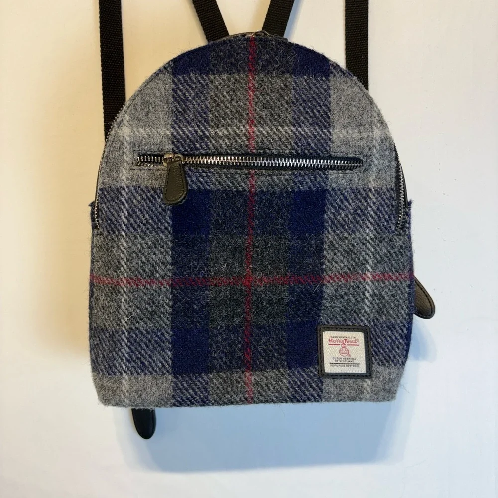 Harris Tweed mini back pack in grey and blue plaid pattern